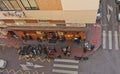 MÃÂ¡laga, Spain - February 17, 2021: Aerial view of the neighborhood of soho in MÃÂ¡laga with people in the restaurant