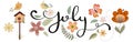 Hello July. JULY month vector decoration with flowers, bird house, butterflies and leaves. Illustration month July