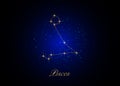 Pisces zodiac constellations sign on beautiful starry sky with galaxy and space behind. Gold Fish sign horoscope symbol