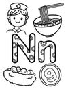 Alphabet N Coloring Page with cute words like noodles