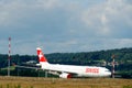 N airplane of airline Swiss immobile during coronavirus lockdown first wave.