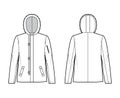 N-2B flight jacket technical fashion illustration with oversized, fur hood, long sleeves, flap pockets, button opening