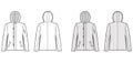 N-2B flight jacket technical fashion illustration with oversized, fur hood, long sleeves, flap pockets, button opening