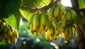 n of branch with bunches of bananas hanging in a banana tree