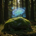 n a dense forest, a moss-covered rock hosts a hovering holographic map display. Th Royalty Free Stock Photo