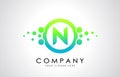 N Dots Letter Logo in Blue and Green Gradient. Alphabet Dotted Logo Vector Design