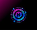 N Letter Design. Modern ring planet with line of orbit. Colorful abstract geometry planet logo