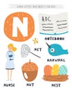 N letter objects and animals including nurse, nut, net, notebook, nest, narwhal