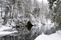 n the middle of the forest is a cliff with a reservoir of water Royalty Free Stock Photo