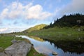 Scenery image of lake in the mountain valley with view of forest and blue sky in the background