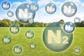 N2 nitrogen gas is the main constituent of the earth`s atmosphere - concept with nitrogen molecules against a natural rural scene