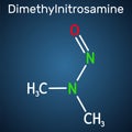 N-Nitrosodimethylamine, NDMA, dimethylnitrosamine, DMN molecule. It is human carcinogen, poison. Structural chemical formula on