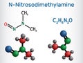 N-Nitrosodimethylamine, NDMA, dimethylnitrosamine, DMN molecule. It is human carcinogen, poison. Structural chemical formula and