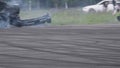 N.NOVGOROOD RUSSIA 06012019 - Black car slides the road, rear bumper flies off