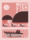 nÃ¡vrh plakÃ¡tu s lodÃ­ a rybami. Royalty Free Stock Photo
