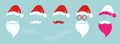 Santa Claus fashion hipster style set icons. Santa hats, moustache and beards, glasses. Christmas elements for your festive design