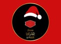 Santa Claus head label with surgical mask and red hat. Merry Christmas, Santa Claus round logo design for coronavirus protection