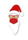 Santa Claus head label wears surgical mask, red hat and white beard with glitter sunglasses. Paper cut style. Merry Christmas sign