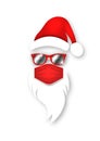 Santa Claus head label wears surgical mask, red hat and white beard with red sunglasses. Paper cut style. Merry Christmas sign