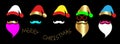 Santa Claus fashion hipster style set icons. Santa hats, moustache and beards, glasses. Colorful and gold Christmas elements sign