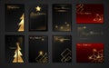 Merry Christmas set cards, black and red templates with gold holiday tree and golden xmas elements, stars, glittering luxury frame Royalty Free Stock Photo