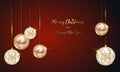 Christmas luxury holiday banner with gold handwritten Merry Christmas and Happy New Year greetings and gold balls Royalty Free Stock Photo