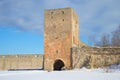 Nabatnaya Tower closeup, march day. Ivangorod fortress, Russia