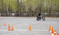 Naberezhnye Chelny, Russia - April 25, 2023: Young people learn to ride a motorbike in a motor school