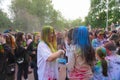 Naberezhnye Chelny, Russia - May 20, 2023 : Holi festival of colors, young people, guys and girls celebrate the beginning of