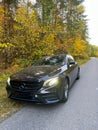 Naberezhnye Chelny, Russia - October 1, 2023: Mercedes-Benz E200 car stands on the road in the autumn forest