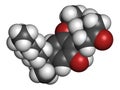 Nabilone antiemetic drug molecule. Analog of Cannabis compound THC. 3D rendering. Atoms are represented as spheres with