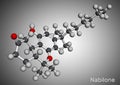 Nabilone molecule. It is synthetic cannabinoid, used as antiemetic drug. Molecular model. 3D rendering