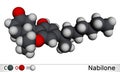 Nabilone molecule. It is synthetic cannabinoid, used as antiemetic drug. Molecular model. 3D rendering