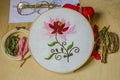 An embroidered red flower in a frame with a picture, glasses, scissors, colored threads and needles lie on light plywood