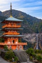 Nachi, Japan at Seigantoji Pagoda and Nachi Waterfalls. Sky blue