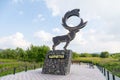 NACHIKI, KAMCHATKA PENINSULA, RUSSIA - AUGUST 07, 2018: Sculpture of a deer at the entrance to the village.