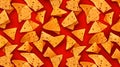 Nacho chips laid out on red background
