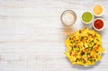 Nacho Tortilla Chips with Beer and Dip on Copy Space Royalty Free Stock Photo