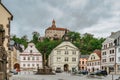 Nachod,Czech Republic- May 23,2021. City centre with main square and church,beautiful castle on hill.Renaissance chateau with