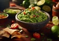 Nachos and avocado guacamole in bowl on wooden table.Macro.AI Generative