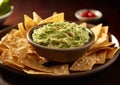 Nachos and avocado guacamole in bowl on wooden table.Macro.AI Generative