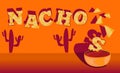 Nachos banner. Banner with delicious mexican nachos with tomato salsa sauce in cartoon. Template design, labels, menu, caffee,