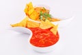 Nachos, cheese and red sauce Royalty Free Stock Photo