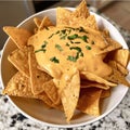 Nachos with cheese sauce and parsley in a white bowl