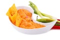 Nachos, cheese sauce, vegetables Royalty Free Stock Photo