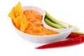 Nachos, cheese sauce, vegetables Royalty Free Stock Photo