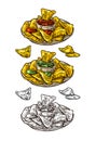 Nachos chips with ketchup and guacamole in pan. Vector color vintage engraving