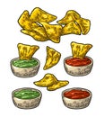Nachos chips with ketchup and guacamole in pan. Vector color vintage engraving