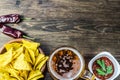 Nachos corn chips with classic tomato salsa. Fresh cold beer is perfect with savory snacks. Royalty Free Stock Photo