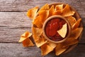 Nachos corn chips with sauce on the plate. horizontal top view Royalty Free Stock Photo